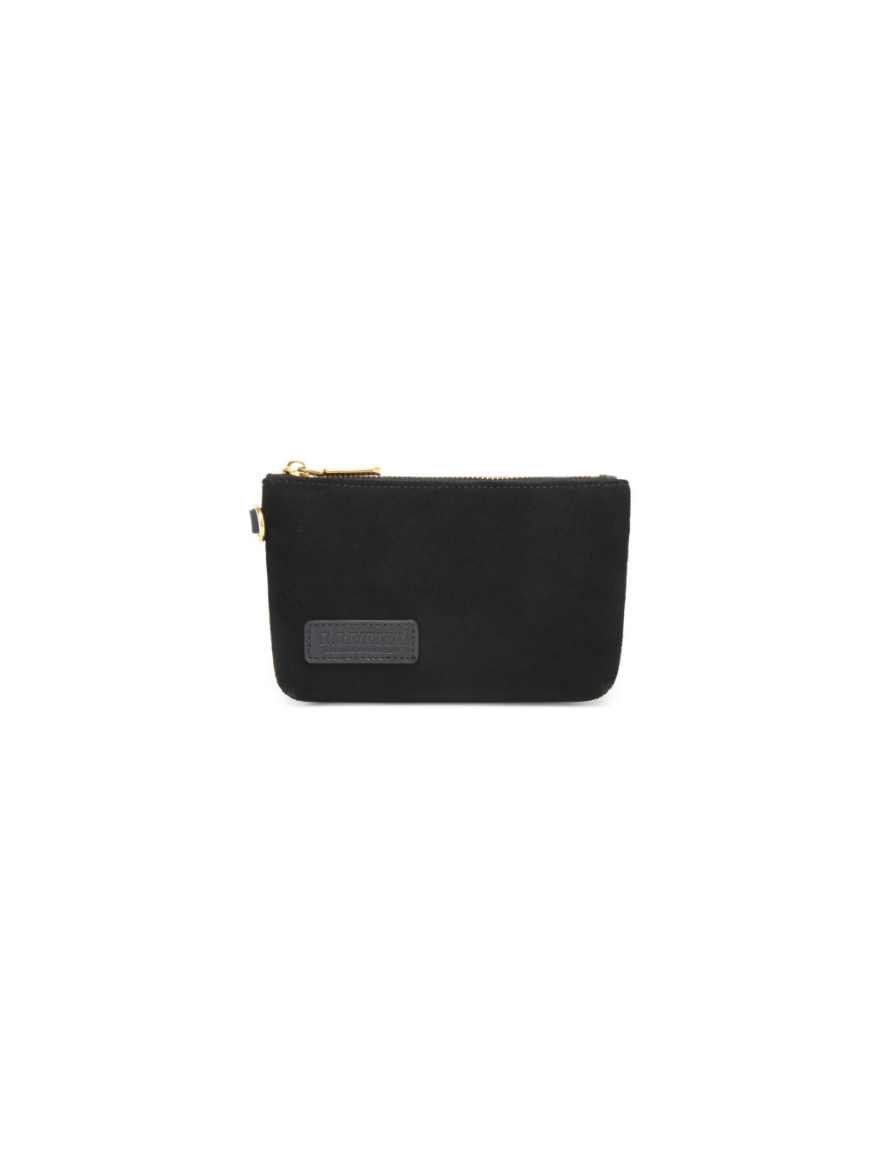 Lucy Mini Zipper Pouch | Black Suede + Black Logo Patch