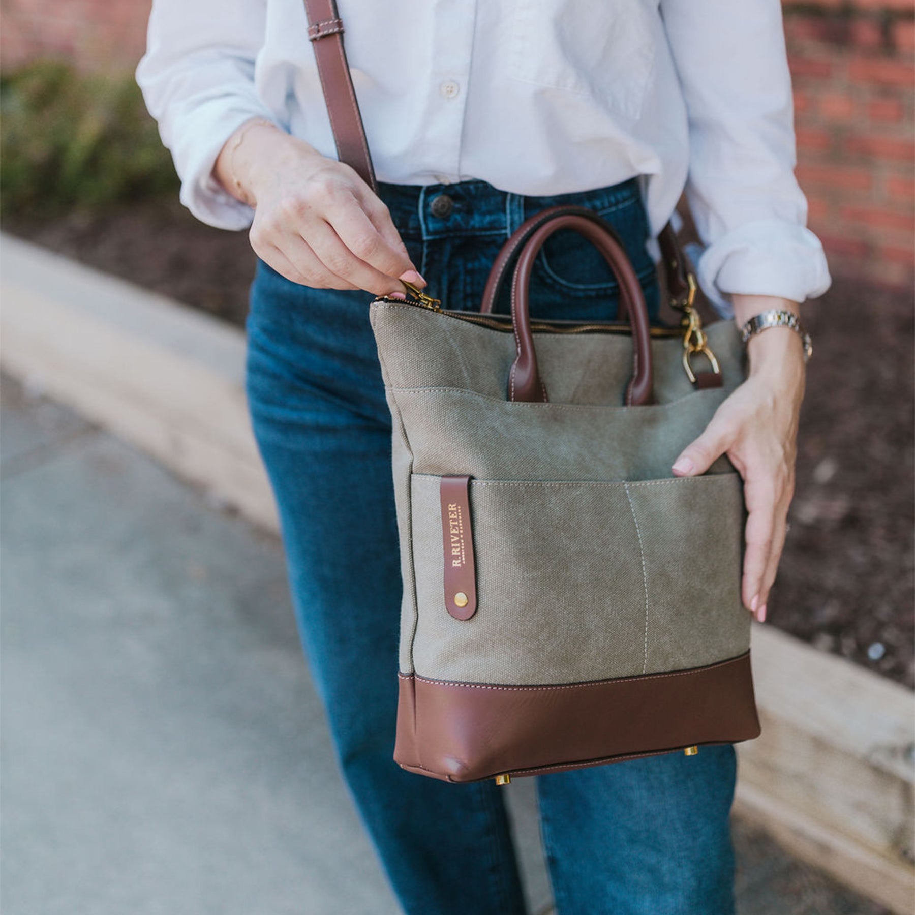 R Riveter Fatigue Otto Tote | Fatigue Washed Canvas + Brown Leather – R. Riveter