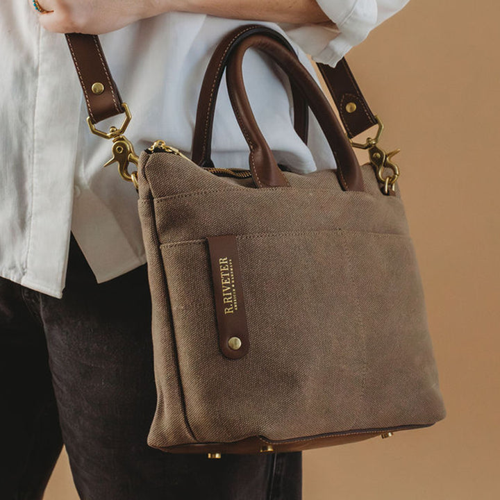 Dot | Small Tote | Chocolate Washed Canvas + Brown Leather