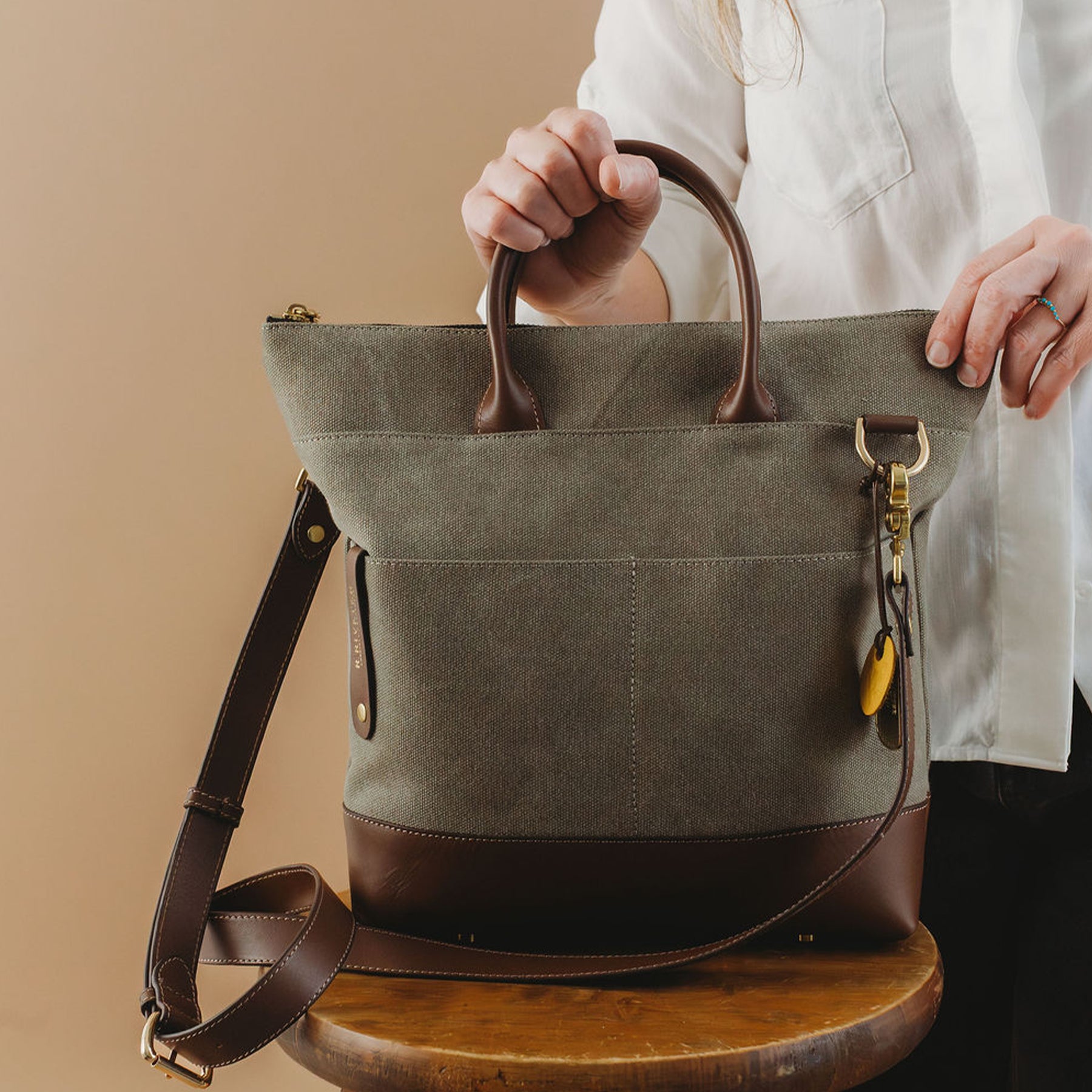 R Riveter Fatigue Otto Tote | Fatigue Washed Canvas + Brown Leather – R. Riveter