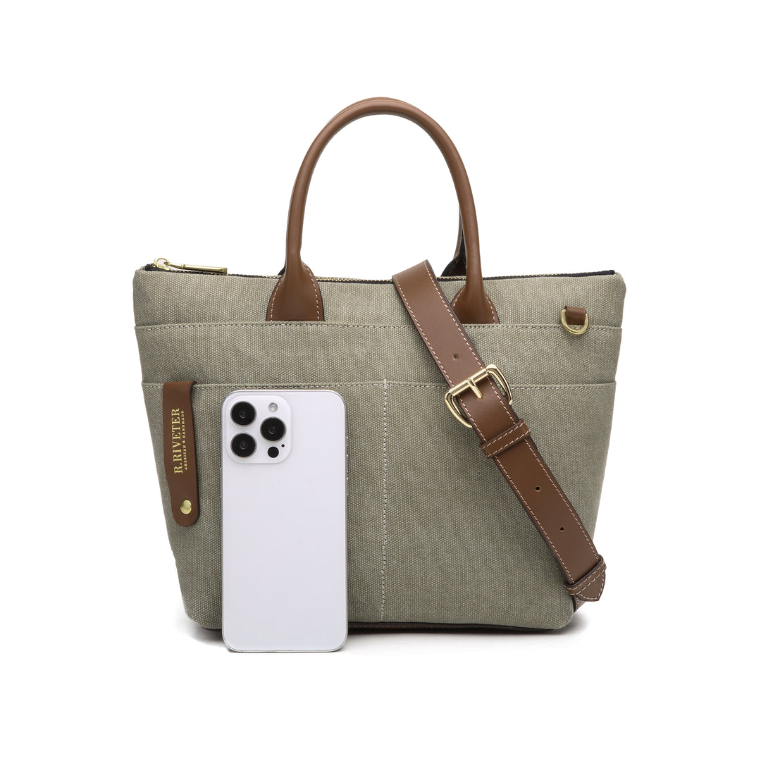 Dot | Small Tote | Fatigue Washed Canvas + Brown Leather