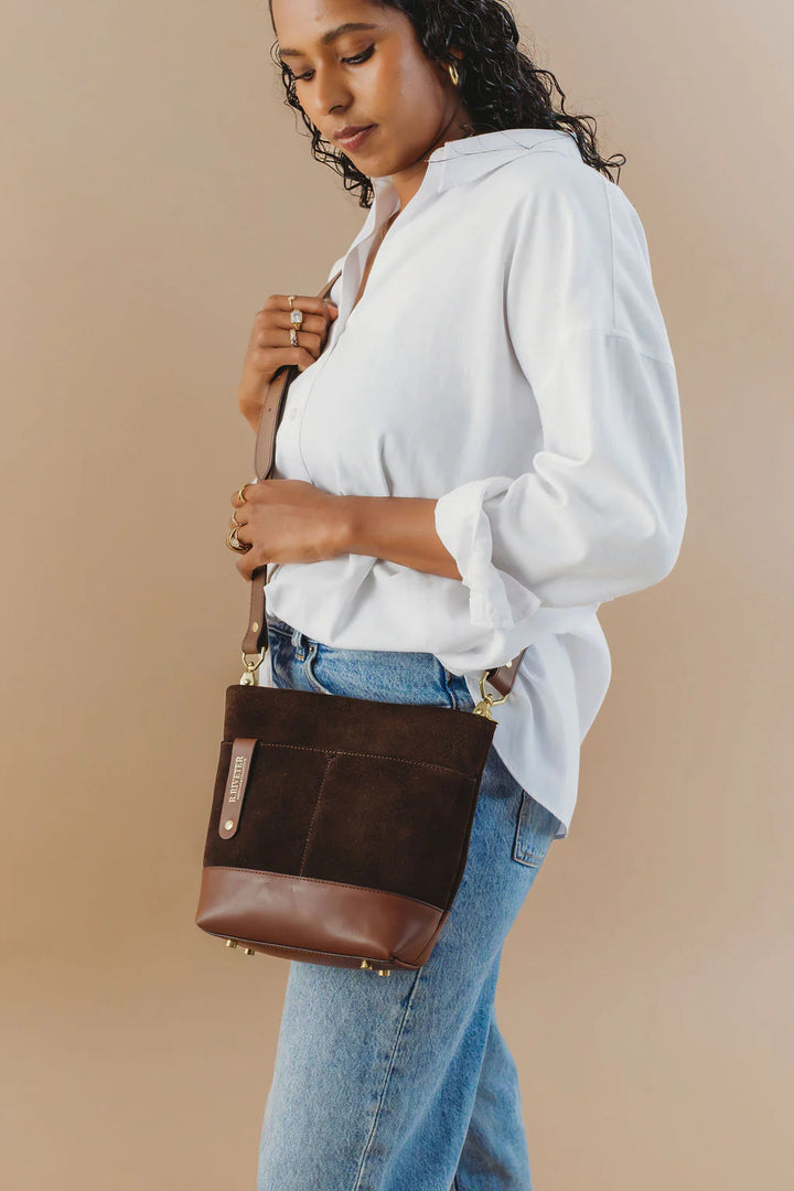 Betsy Bucket Bag | Coffee Suede + Brown