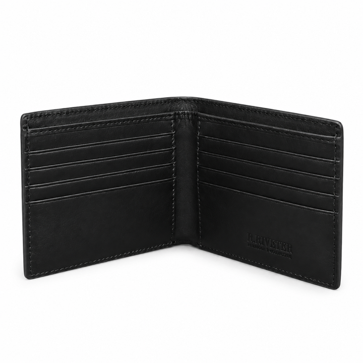 An open black leather bifold wallet with multiple card slots and visible stitching, photographed on a clean white background. The brand name 'J.