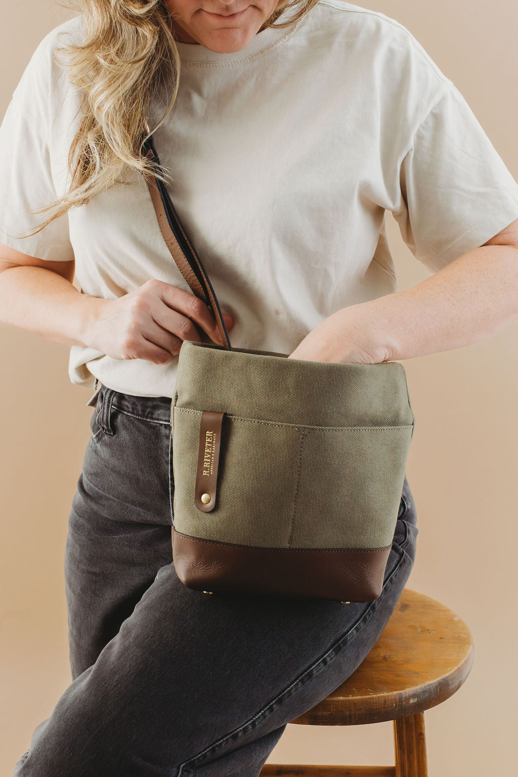 Betsy Bucket Bag | Fatigue Washed Canvas + Brown Leather