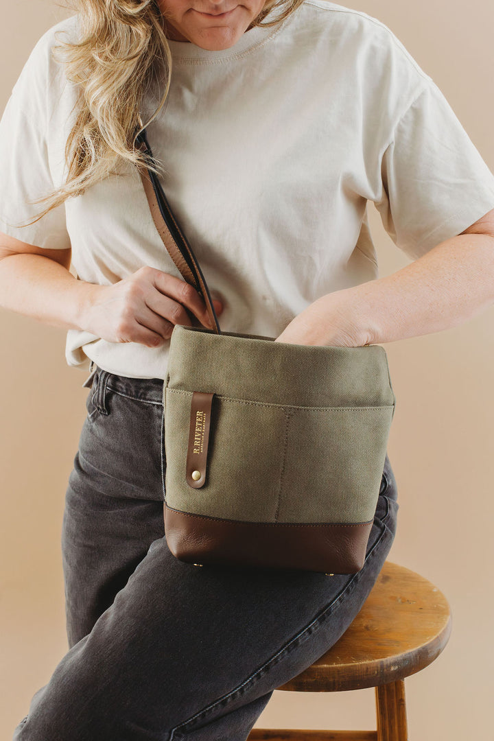 Betsy Bucket Bag | Fatigue Washed Canvas + Brown Leather