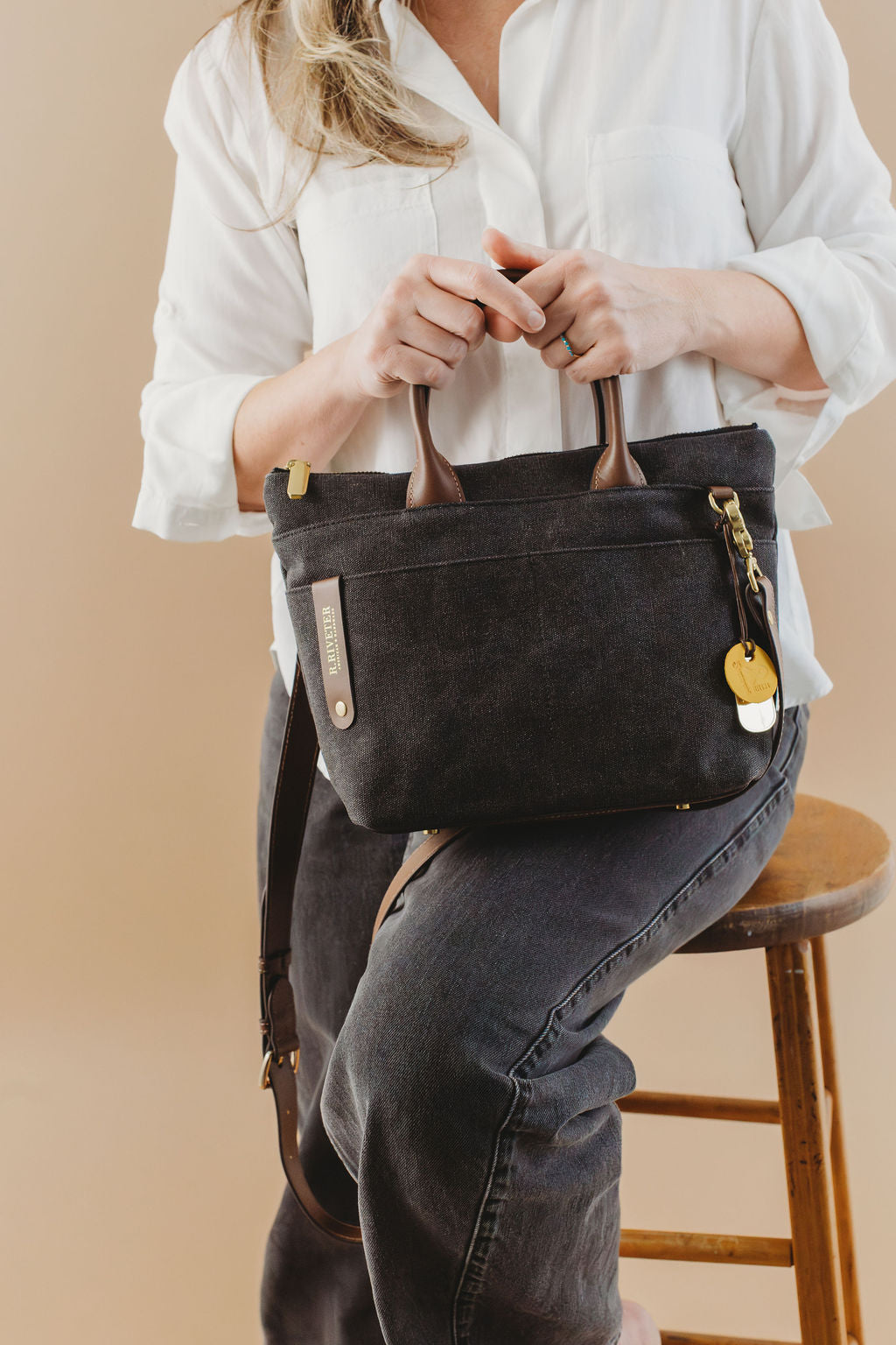 Dot Mini Tote | Black Washed Canvas + Brown