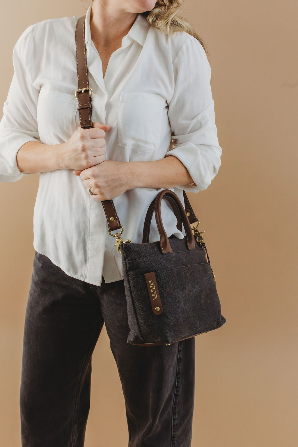 Dot Mini Tote | Black Washed Canvas + Brown