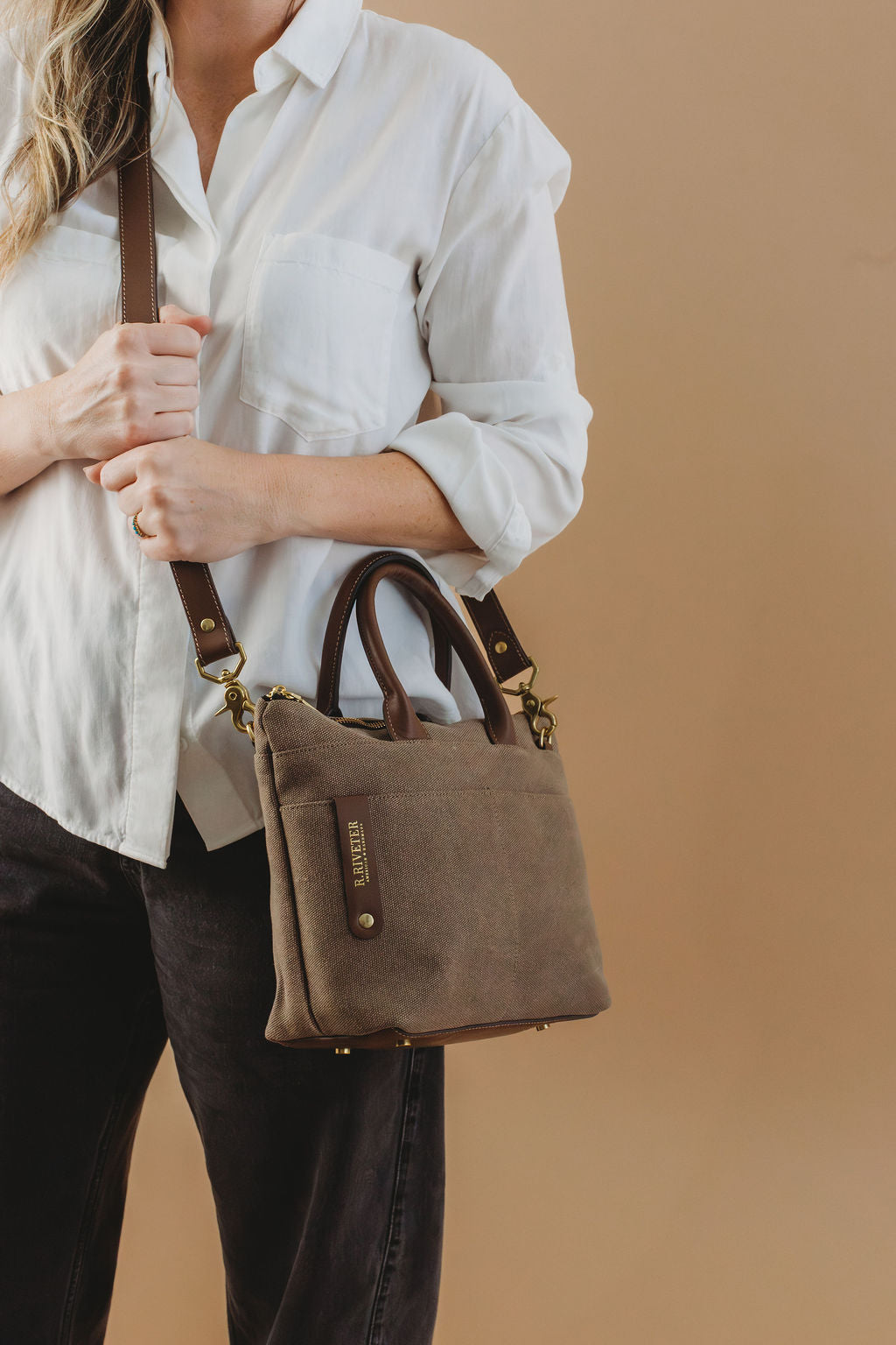 Dot Mini Tote | Chocolate Washed Canvas + Brown Leather