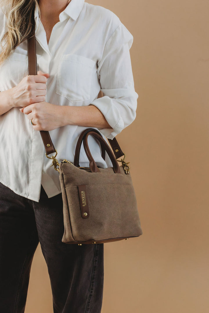 Dot Mini Tote | Chocolate Washed Canvas + Brown Leather