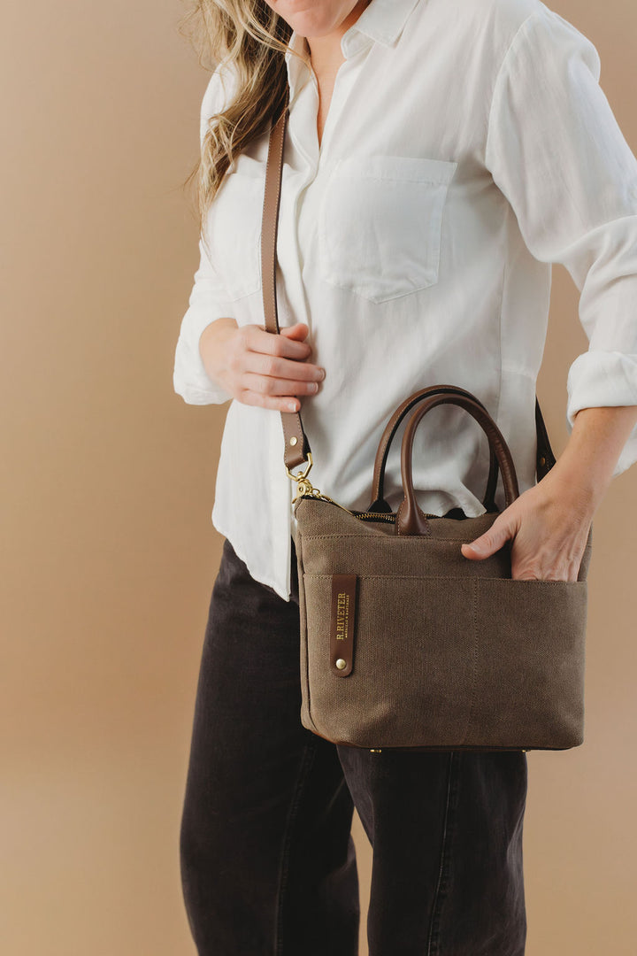 Dot Mini Tote | Chocolate Washed Canvas + Brown Leather