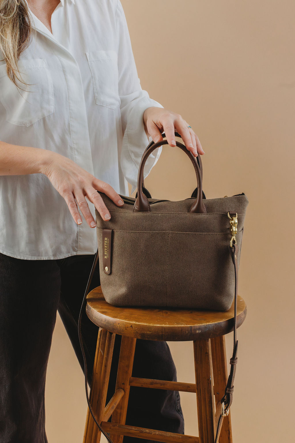 Dot Mini Tote | Chocolate Washed Canvas + Brown Leather