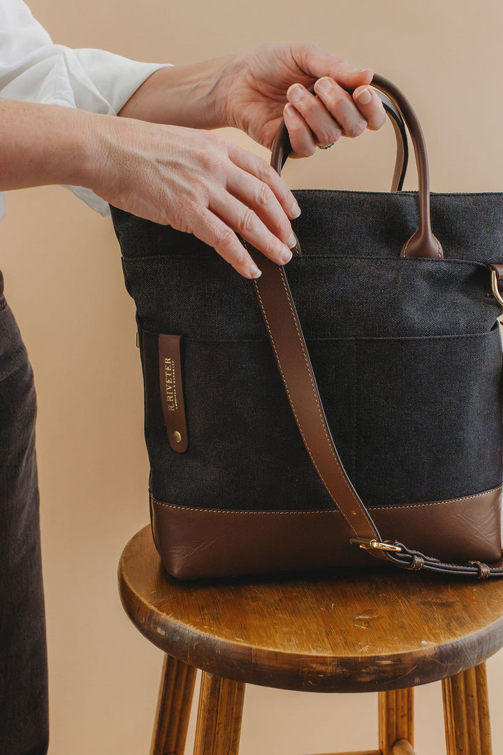 Otto Tote | Black Washed Canvas + Brown Leather