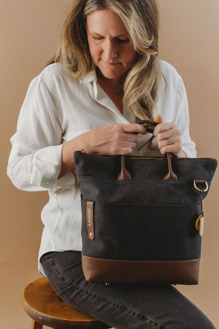 Otto Tote | Black Washed Canvas + Brown Leather