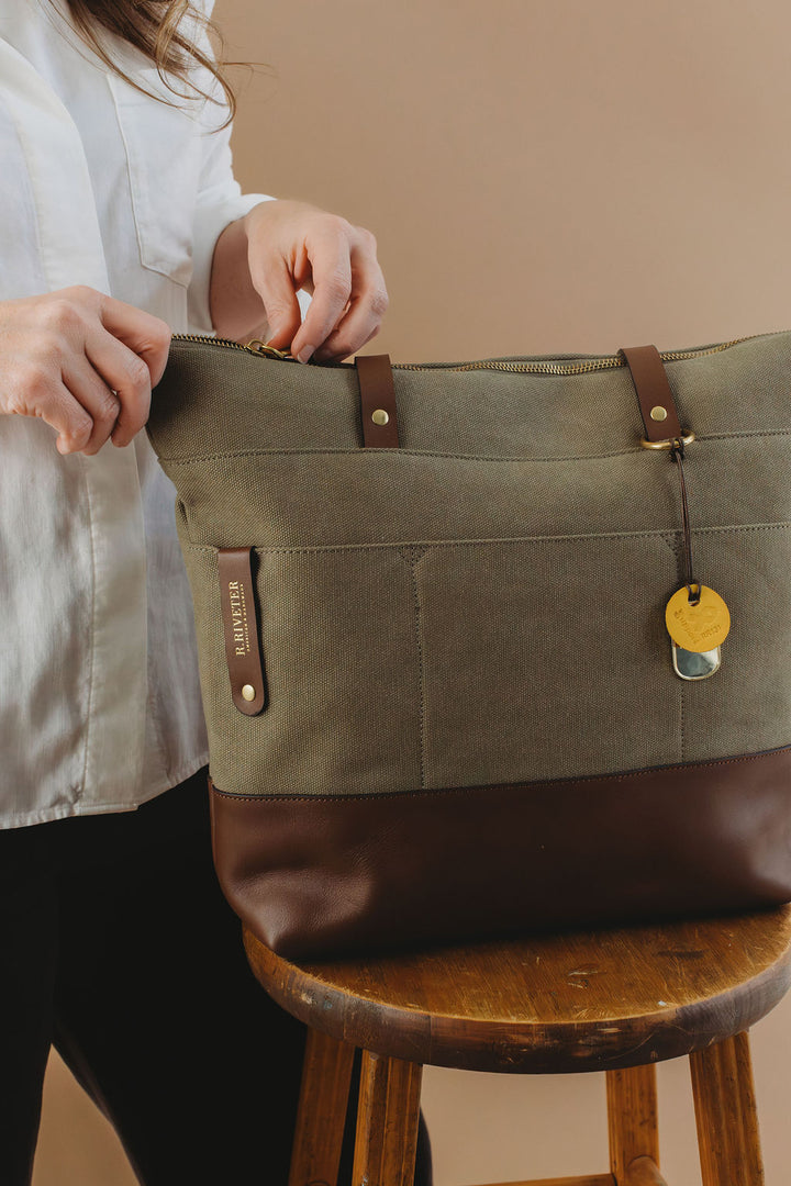 Harriet Tote Bag | Fatigue Washed Canvas + Brown Leather