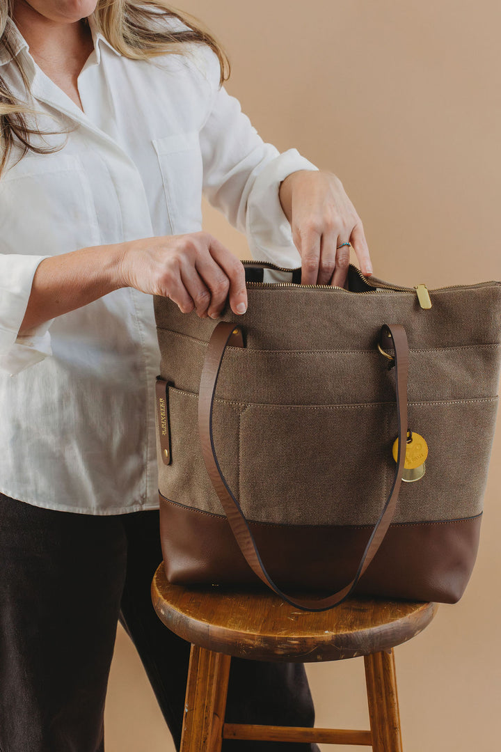 Harriet Tote Bag | Chocolate Washed Canvas + Brown Leather