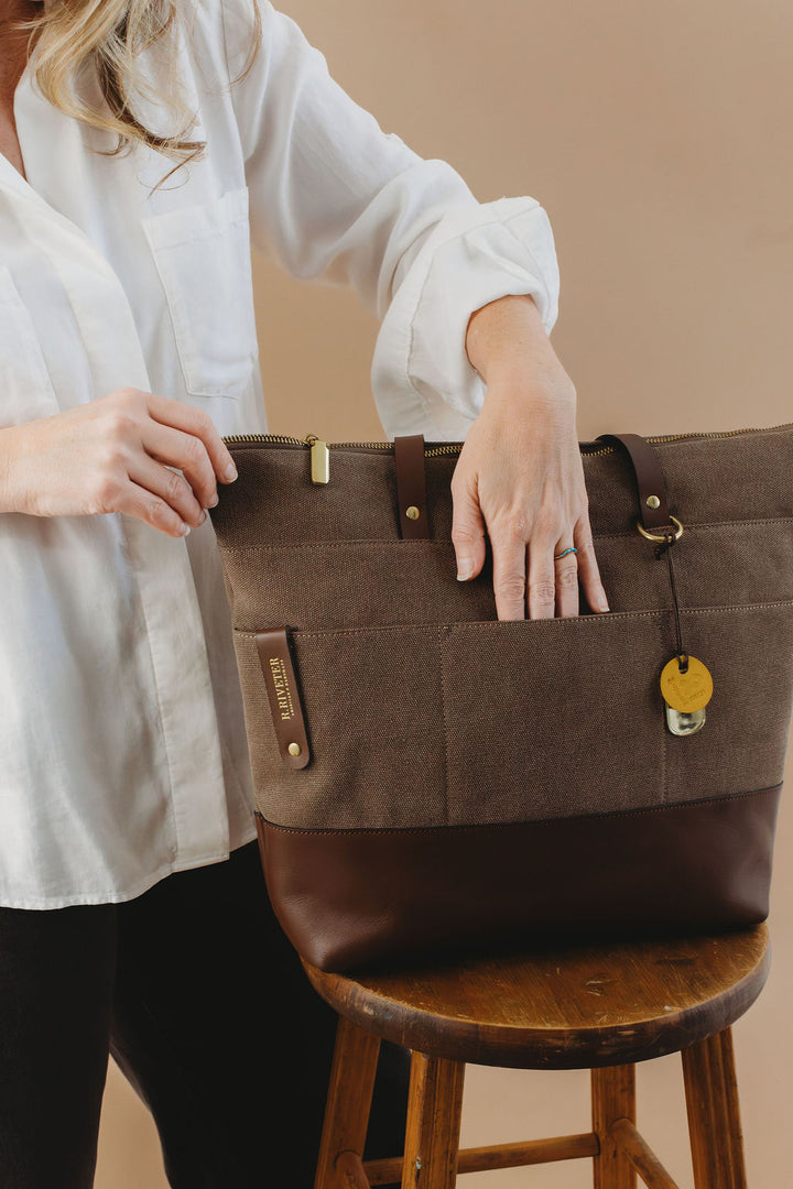 Harriet Tote Bag | Chocolate Washed Canvas + Brown Leather