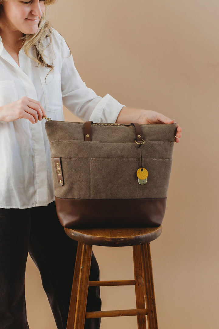 Harriet Tote Bag | Fatigue Washed Canvas + Brown Leather
