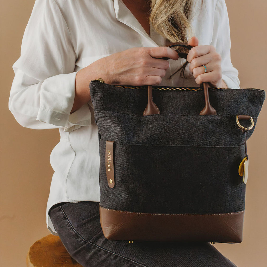 Otto Tote | Black Washed Canvas + Brown Leather
