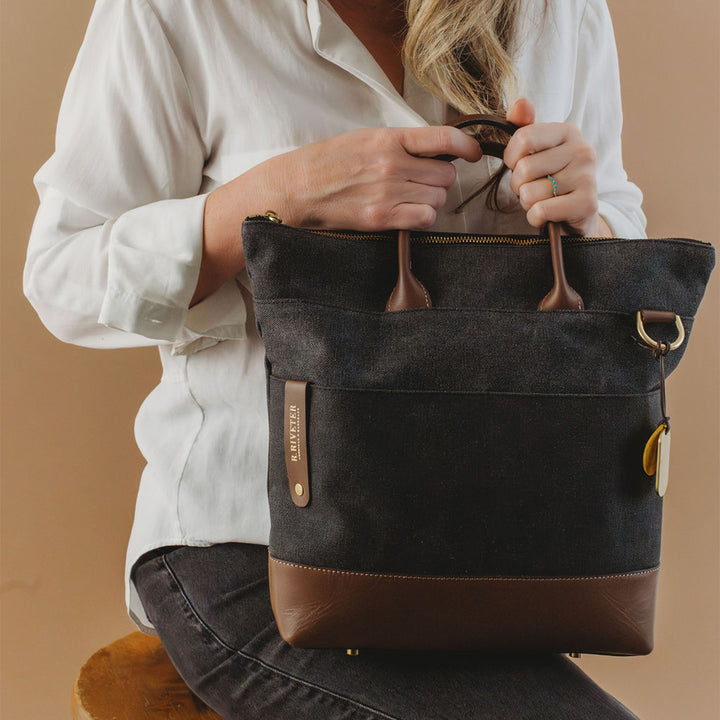Otto Tote | Black Washed Canvas + Brown Leather