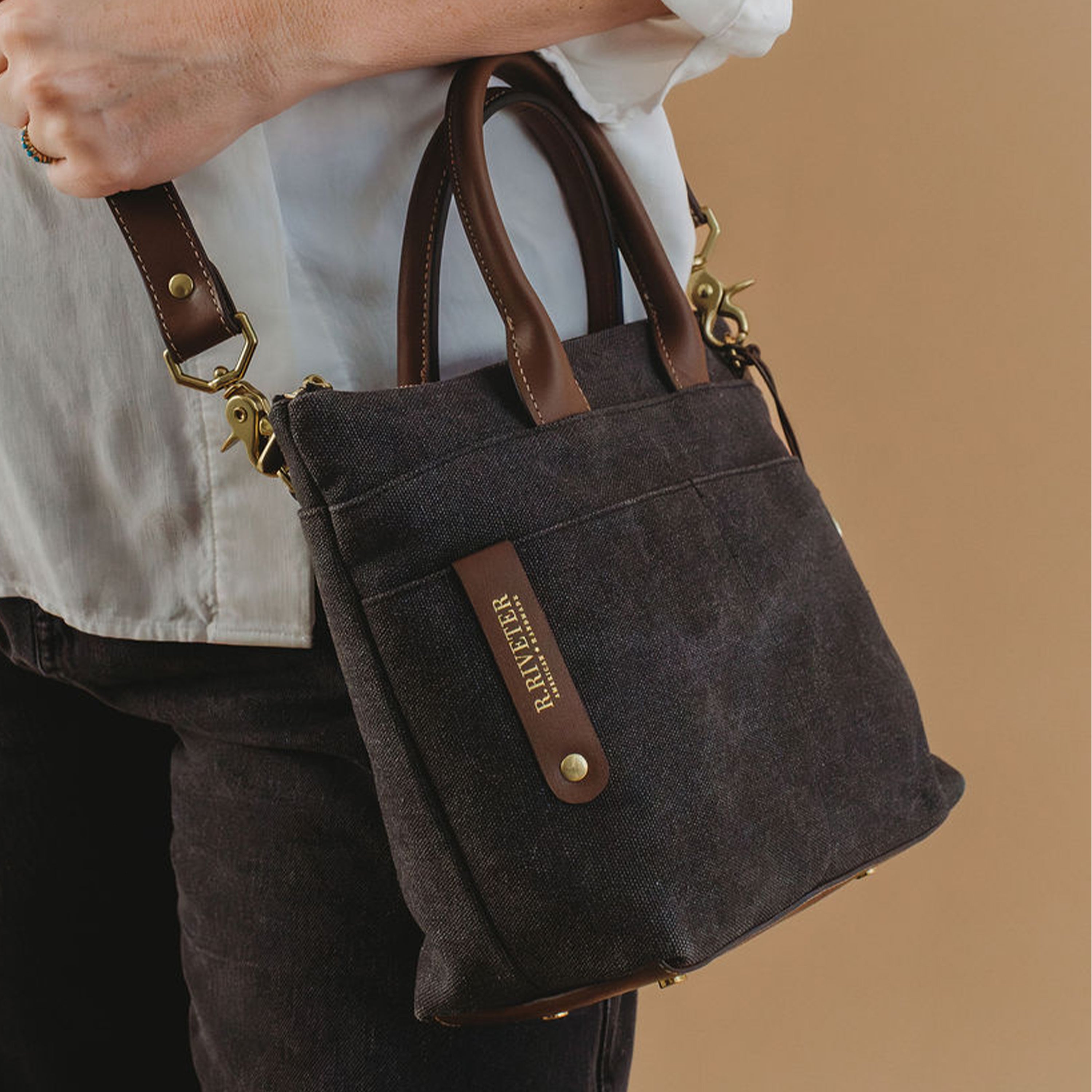 Dot | Small Tote | Black Washed Canvas + Brown – R. Riveter