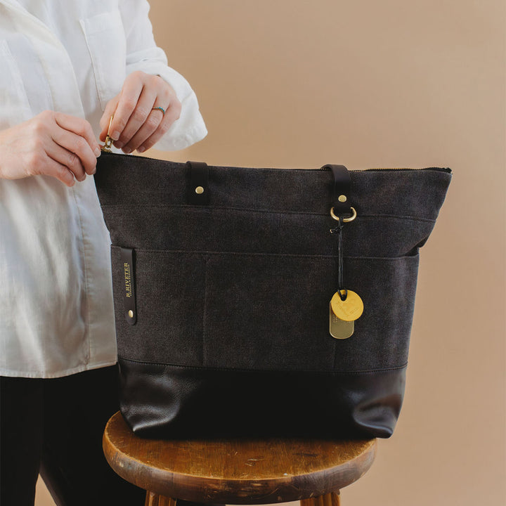 Harriet Tote Bag | Black Washed Canvas + Black Leather