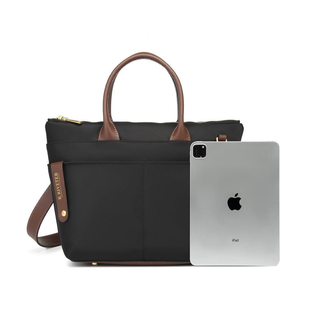 Dot | Small Tote | Black Nylon + Brown Leather