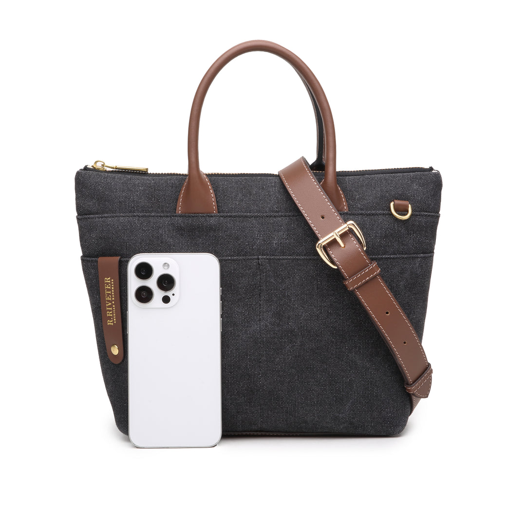 Dot | Small Tote | Black Washed Canvas + Brown
