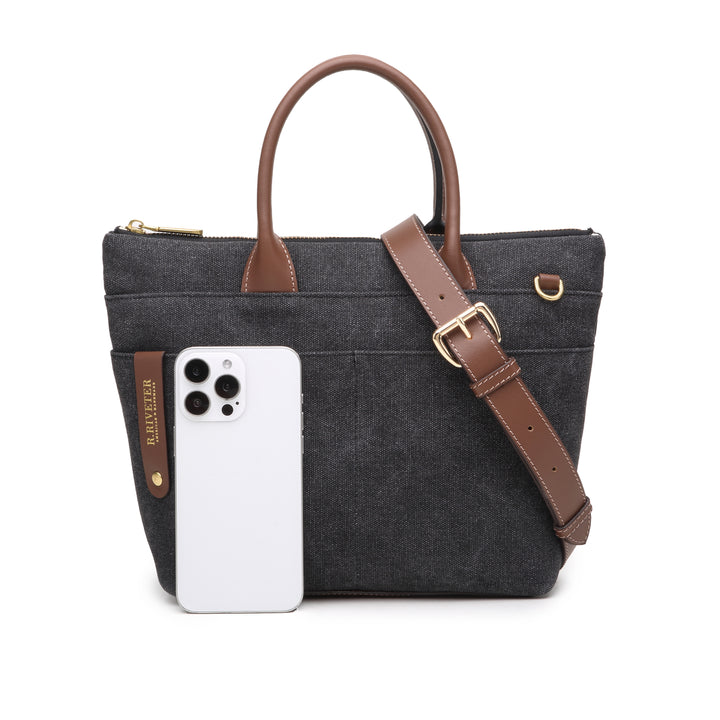 Dot | Small Tote | Black Washed Canvas + Brown