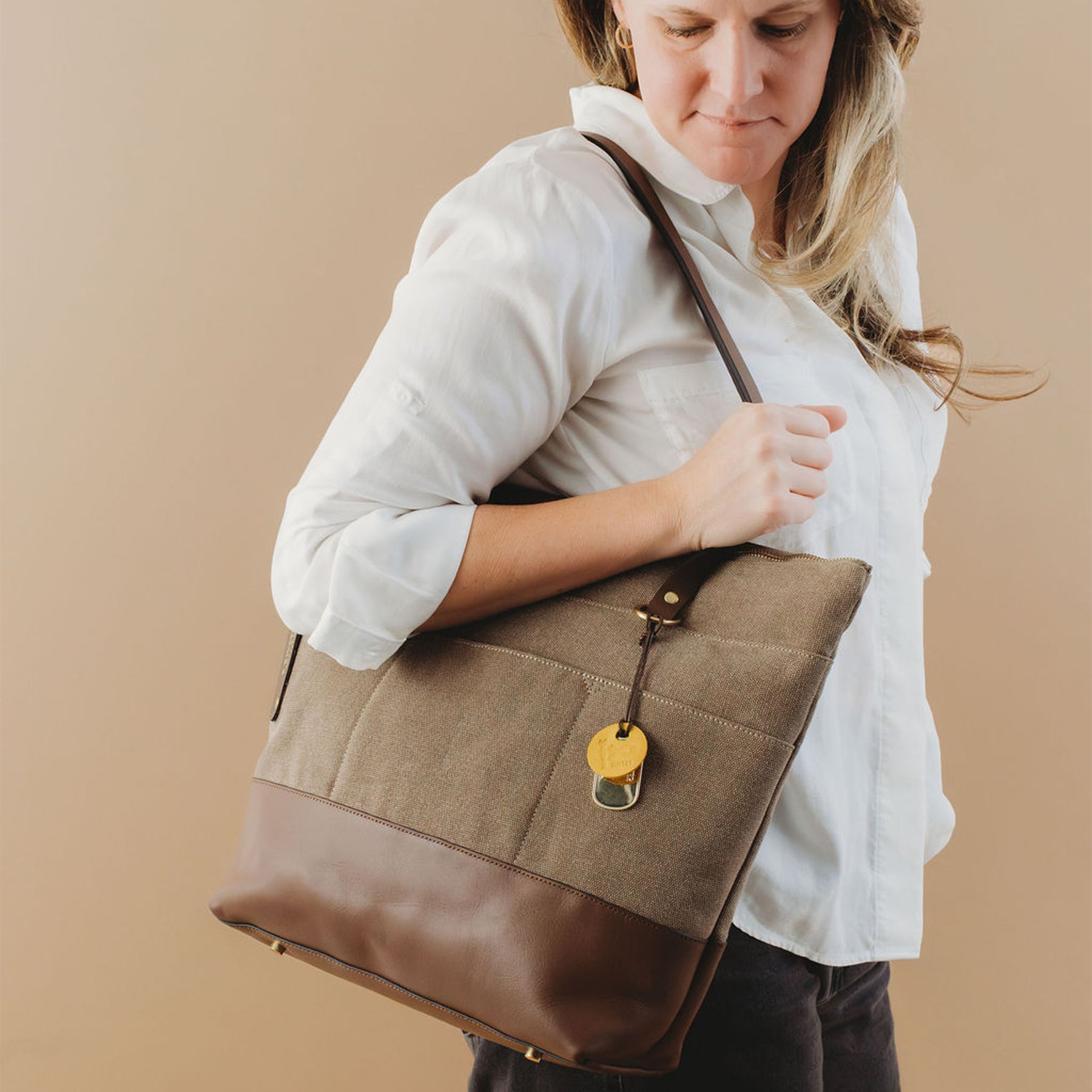 R Riveter Fatigue Harriet Tote Bag | Fatigue Washed Canvas + Brown Leather – R. Riveter
