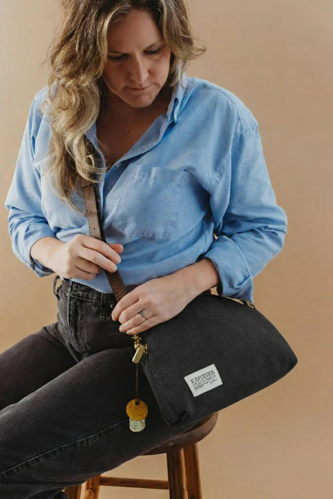 Hopper Crossbody | Black Washed Canvas + Brown