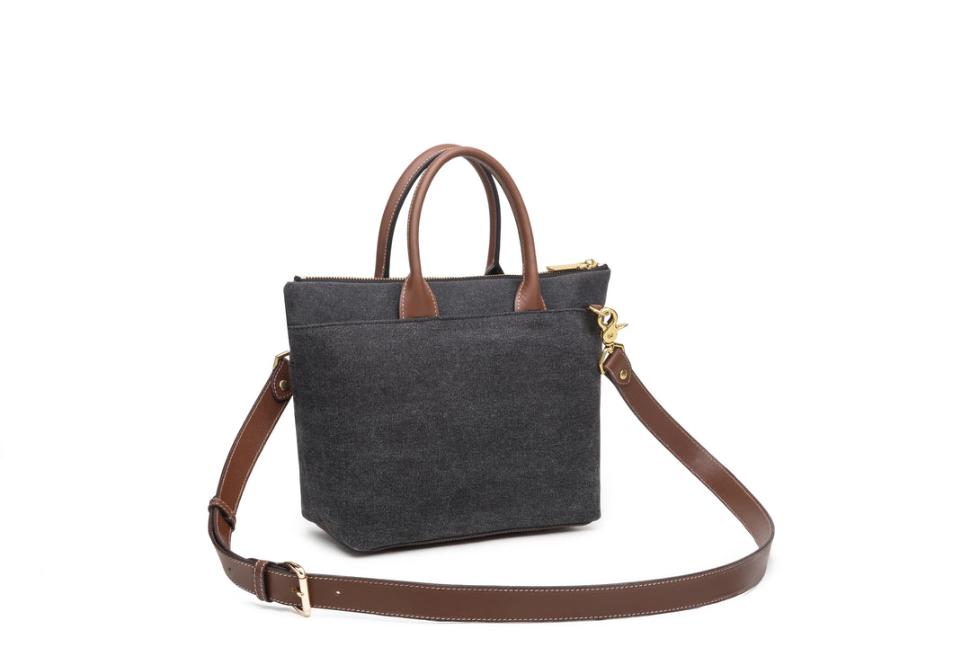 Dot | Small Tote | Black Washed Canvas + Brown