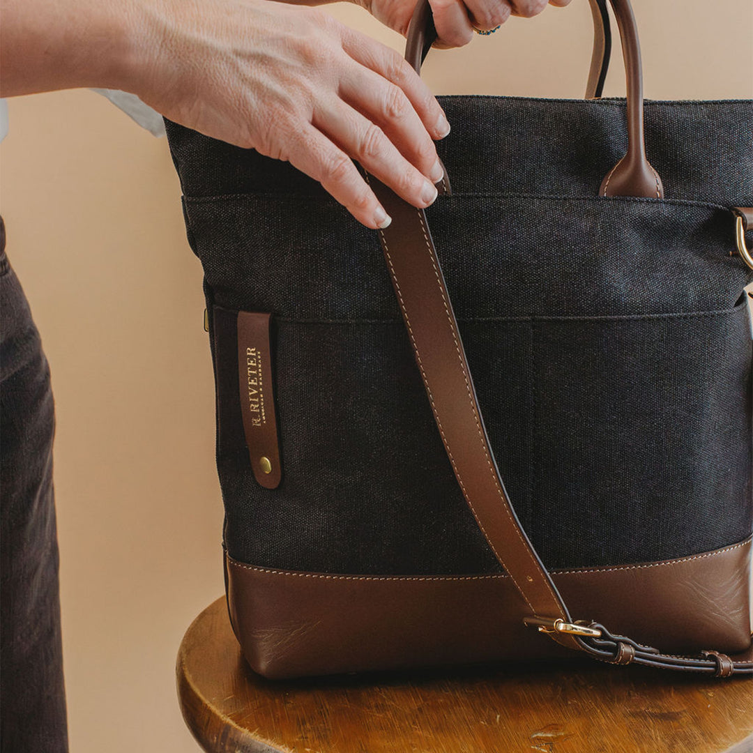 Otto Tote | Black Washed Canvas + Brown Leather