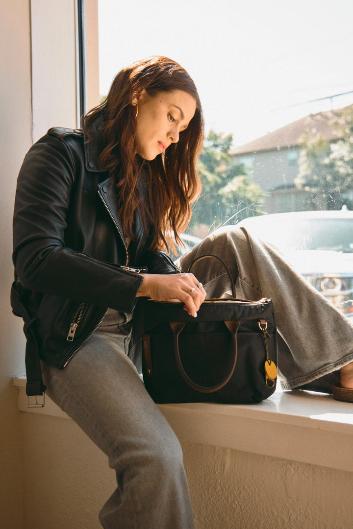 Dot | Small Tote | Black Nylon + Brown Leather