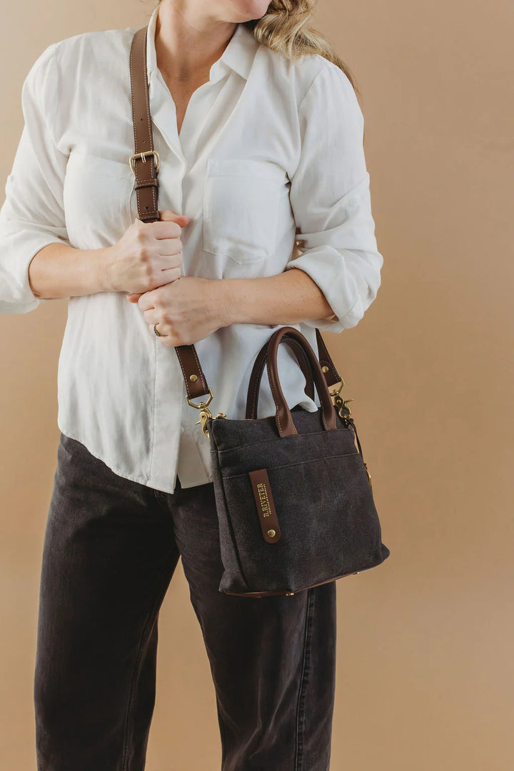 Dot | Small Tote | Black Washed Canvas + Brown