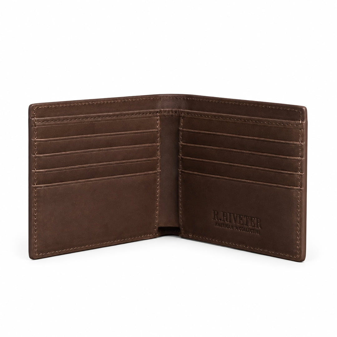 An open dark brown leather bi-fold wallet with multiple card slots and the brand name 'R. Riveter' embossed on the inside right panel, set against a plain white background.