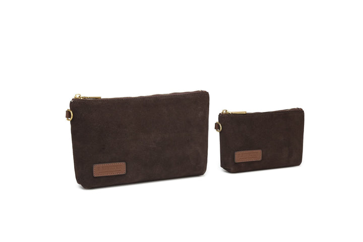 Lucy Large Zipper Pouch | Coffee Suede + Brown Logo Patch