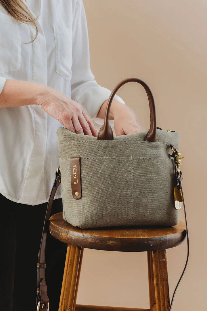Dot | Small Tote | Fatigue Washed Canvas + Brown Leather