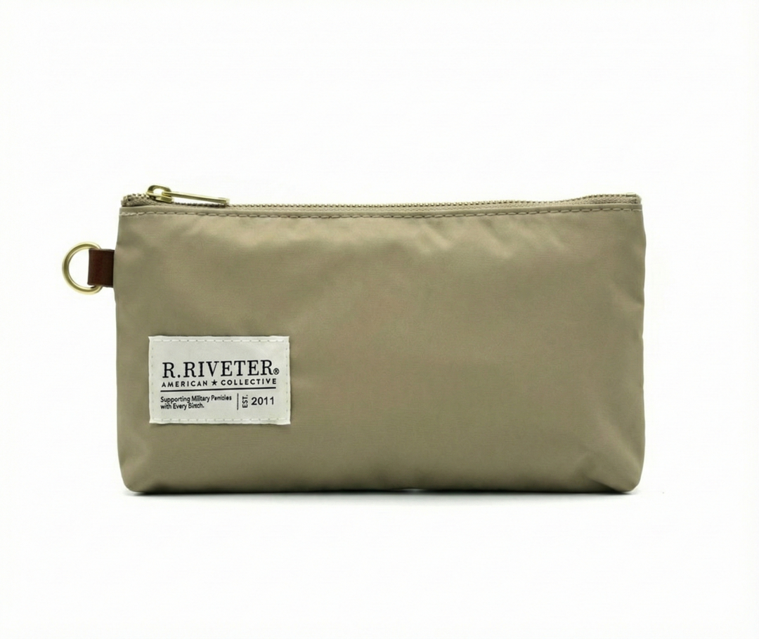 Beige pouch with a label on a white background