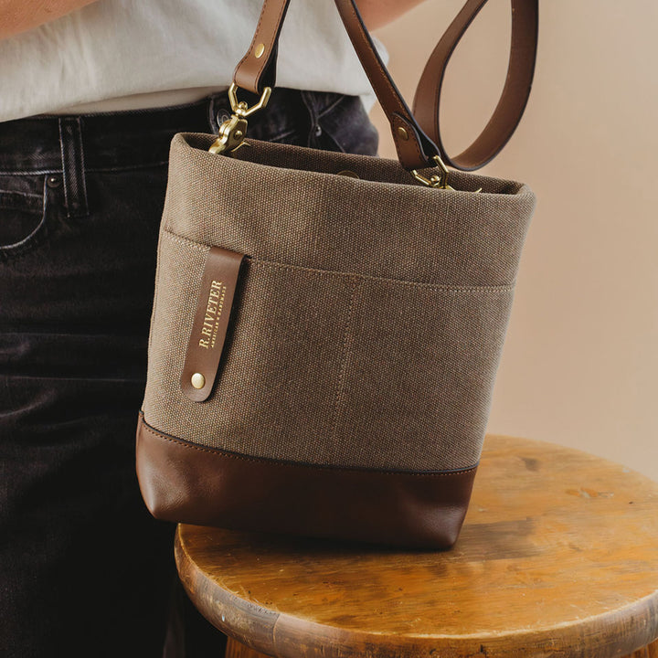 Betsy Bucket Bag | Chocolate Washed Canvas + Brown Leather