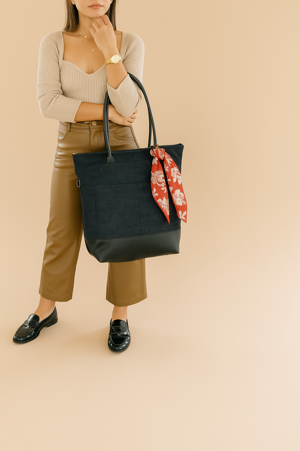 Grant | Denim+ Black Leather & Rosie Scarf – R. Riveter