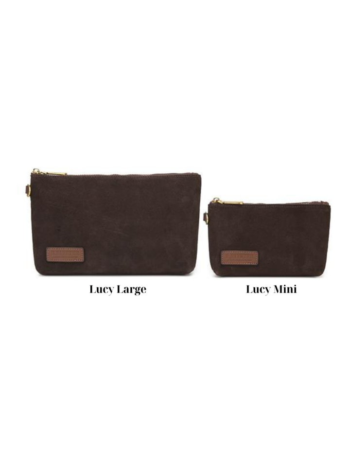 Lucy Large Zipper Pouch | Coffee Suede + Brown Logo Patch
