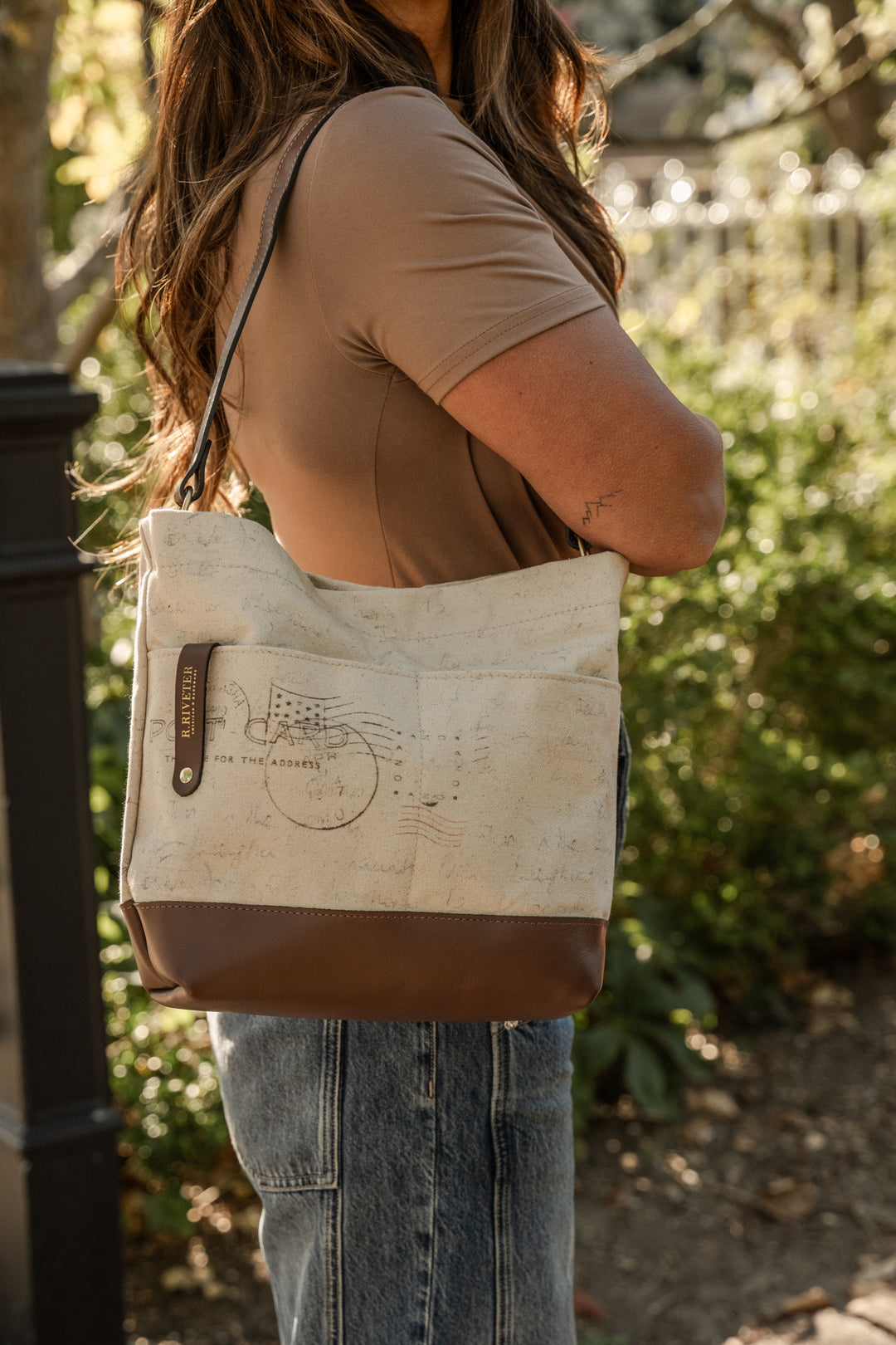 Sophia Hobo Shoulder Bag | Canvas Letters to Home + Brown Leather