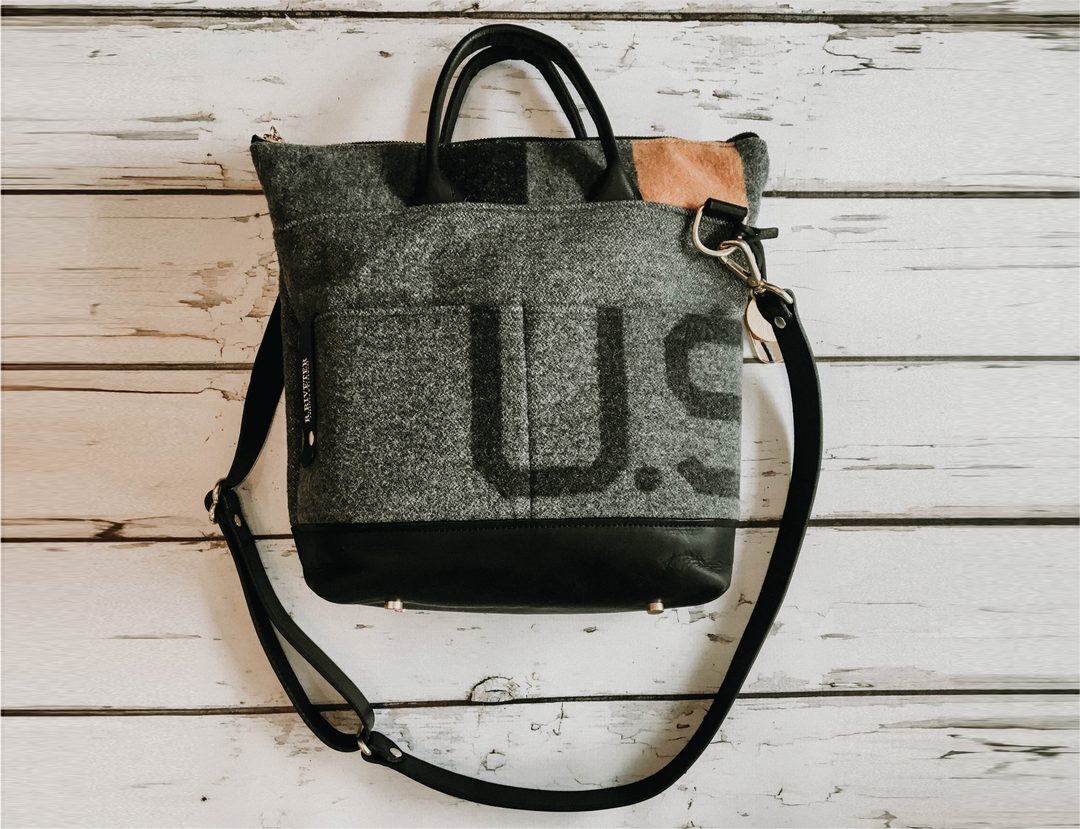 Wool Otto Shoulder bag with black leather. Examples and inspiration from our Custom Heirloom Collection, this one made from wool USMA blanket. 