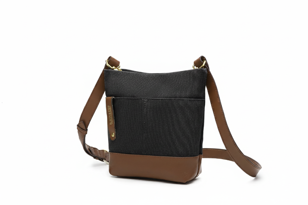 Betsy Bucket Bag | Black Washed Canvas + Brown Leather