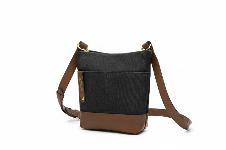 Betsy Bucket Bag | Black Washed Canvas + Brown Leather