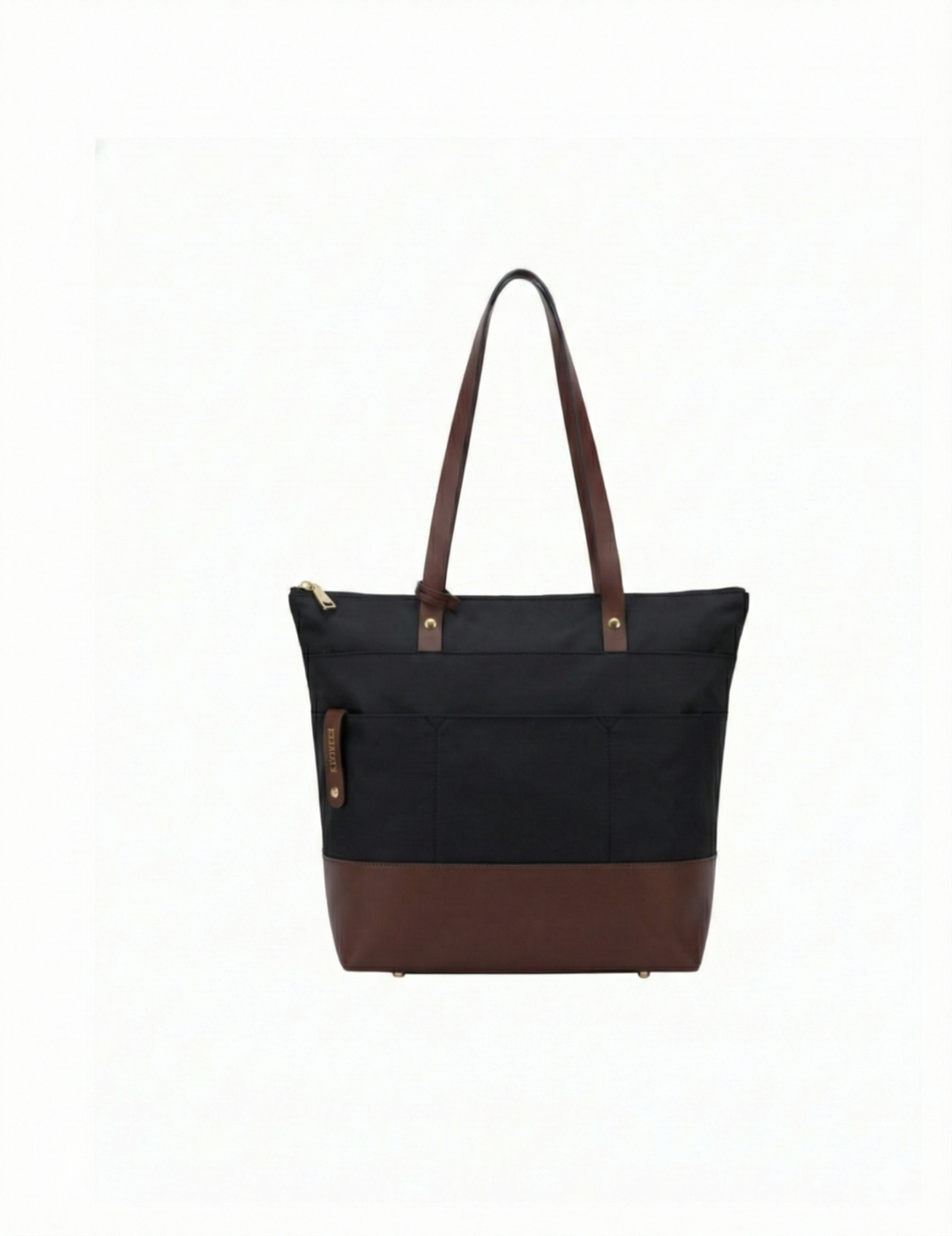 Black and brown tote bag on a white background