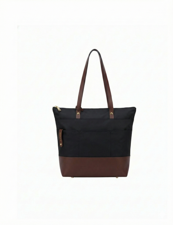 Black and brown tote bag on a white background