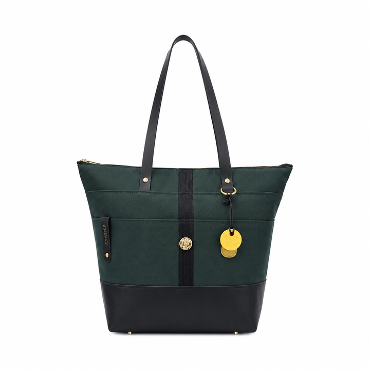 Green and black tote bag with a yellow tag on a white background