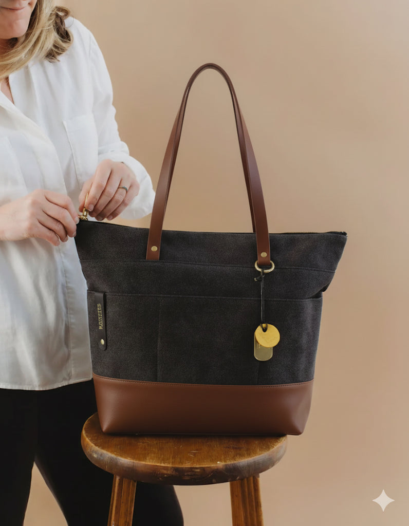 Harriet Tote Bag | Black Washed Canvas + Brown Leather