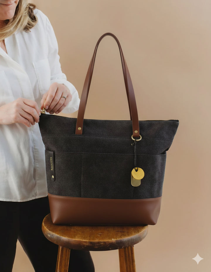 Harriet Tote Bag | Black Washed Canvas + Brown Leather